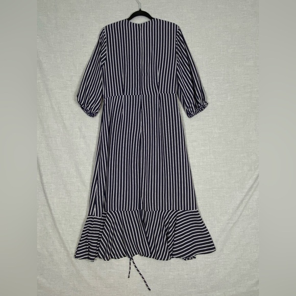 Chelsea 28 Midi Dress Cross Front Ruching Sz Large Navy Stripes - Picture 3 of 12